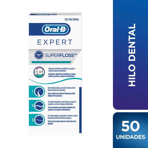 Oral-B Expert Super Floss Dental Floss (50 Units) - Ideal for Braces, Crowns, Prosthetics, Bridges & Interdental Spaces - Wax-Free, Mint Flavor & Easy to Use